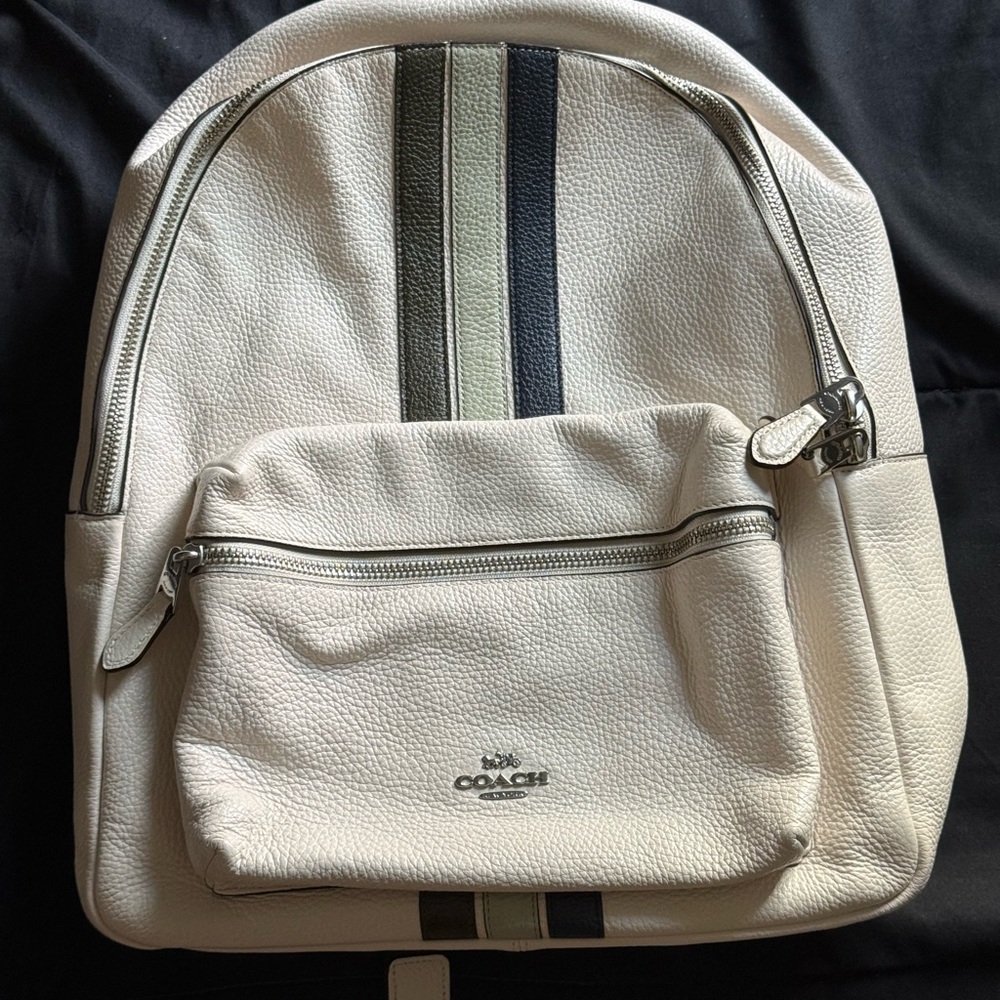 Coach Ivory Leather Backpack with Black and Olive Stripes